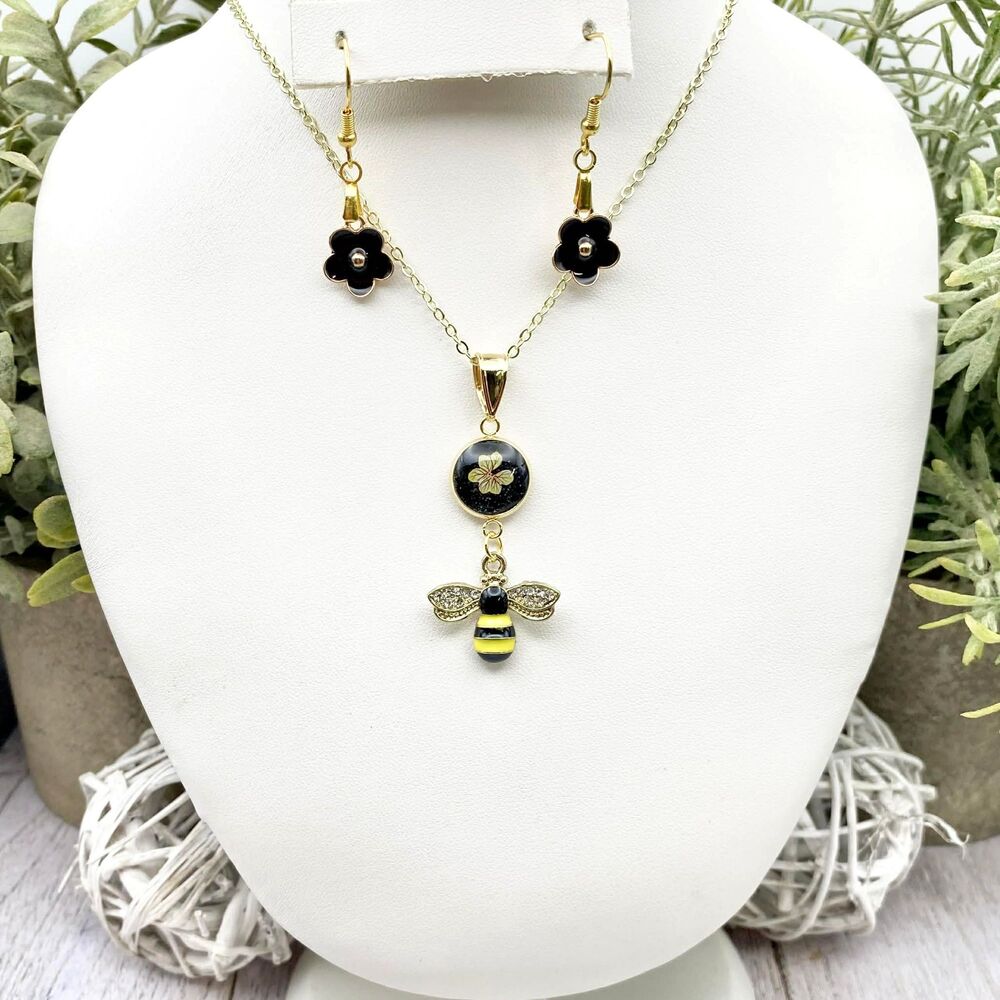 Gold Tone Bee Pendant Necklace & Black Flower Earrings Set